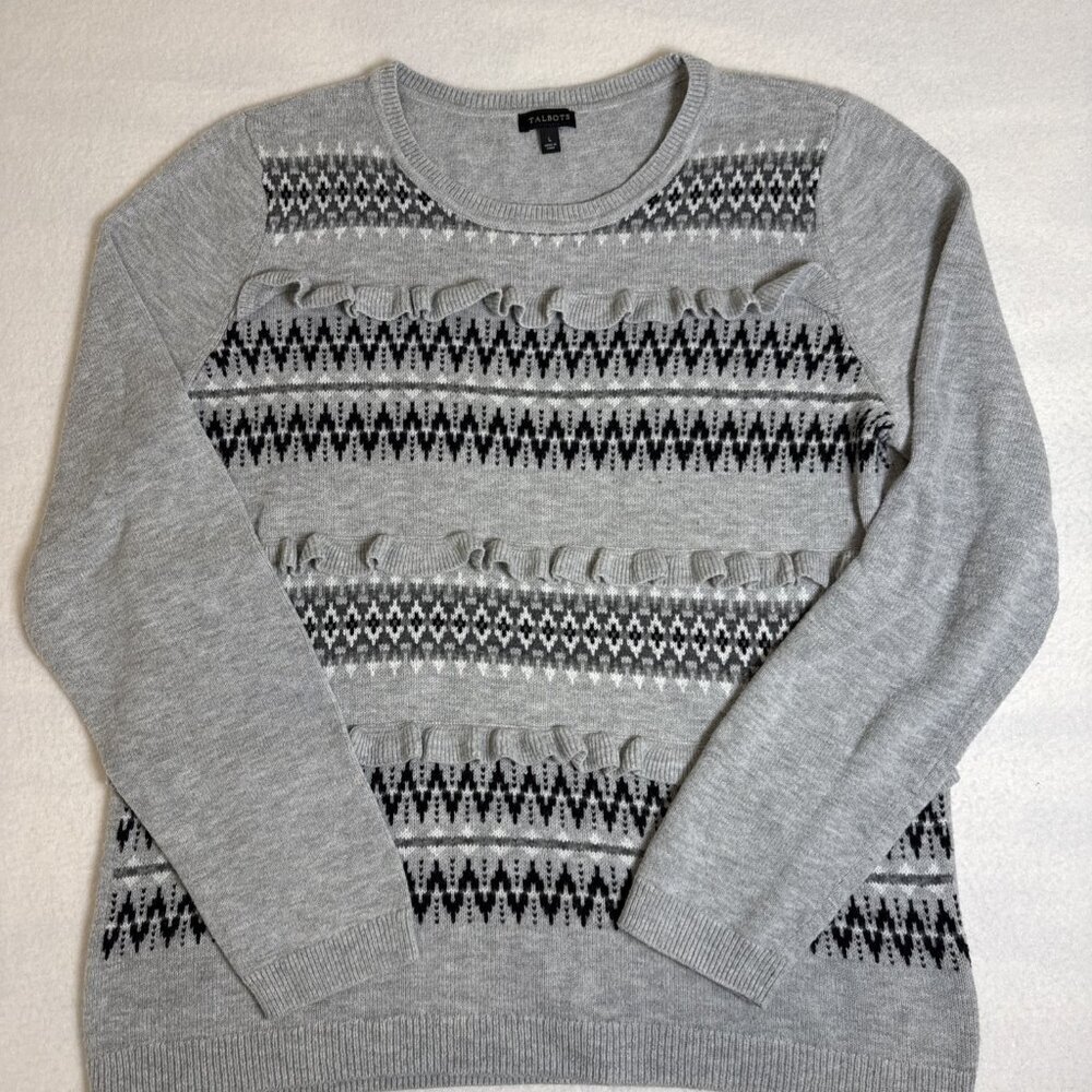 Talbots Womens Sweater Gray Lambswool Blend Fair Isle Nordic Striped Large - Picture 1 of 8